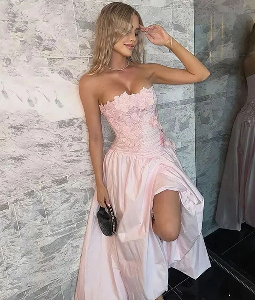 

Customized Sexy Jersey A-Line Appliques Flowers Evening Dress High Quality Sleeveless Strapless Floor Length prom dresses