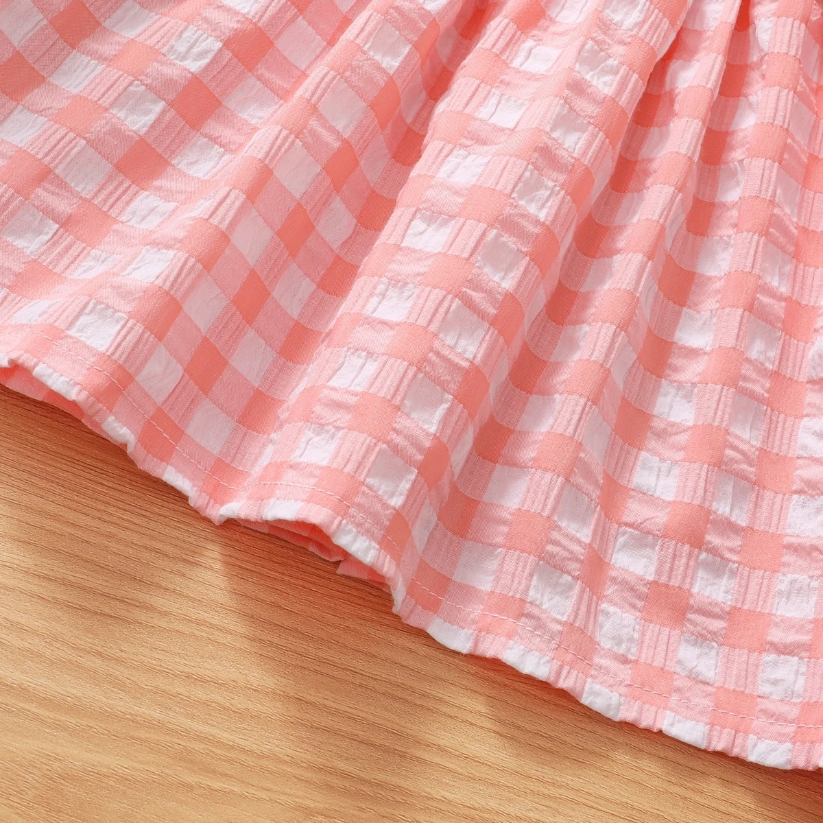 Baby Summer Sweet and Cute Puff Sleeve Pink and white Plaid Square Neck Dress