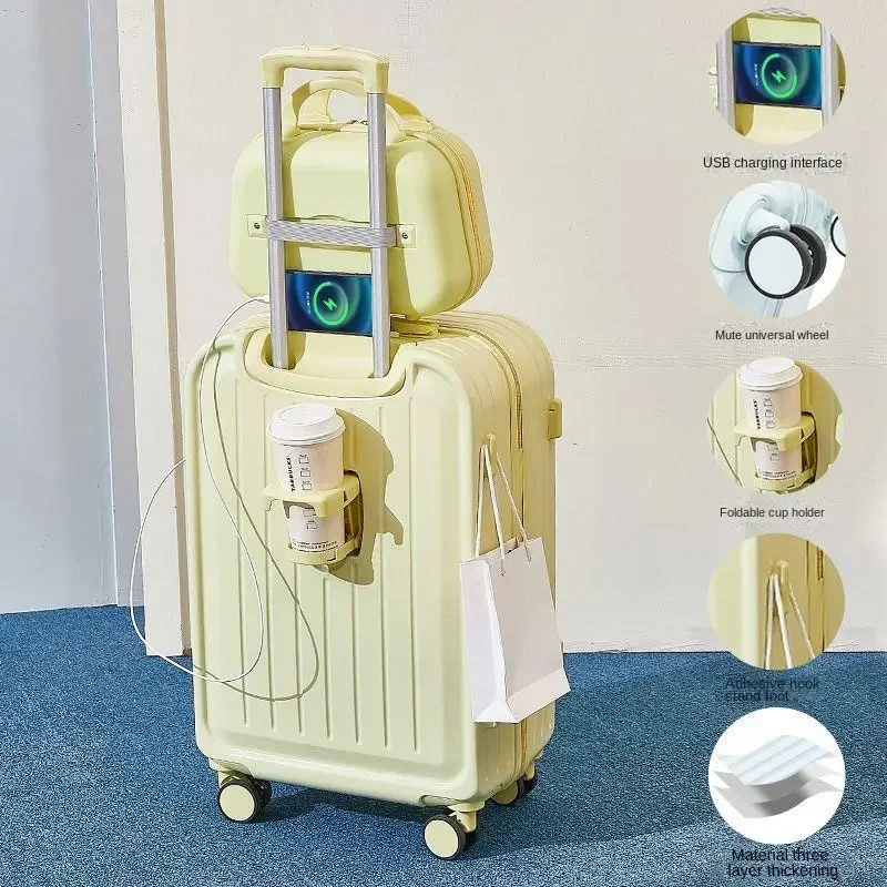 2024New Combination Suitcase USB Charging Port with Cup Holder 20/22/24/26/28Inch Large Capacity Trolley Case Travel Luggage