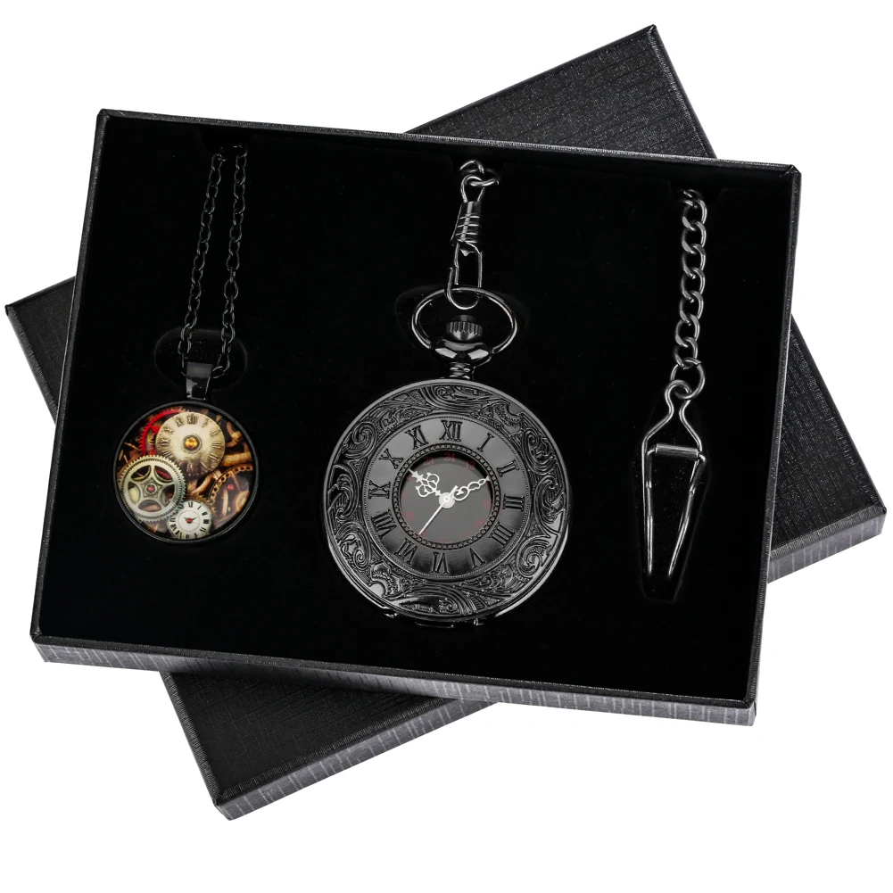 Men's Black Roman Numerals Carved Hollow Cover Quartz Pocket Watch Gift Set Retro Steampunk Pendant Watches Chain Pocket Clock