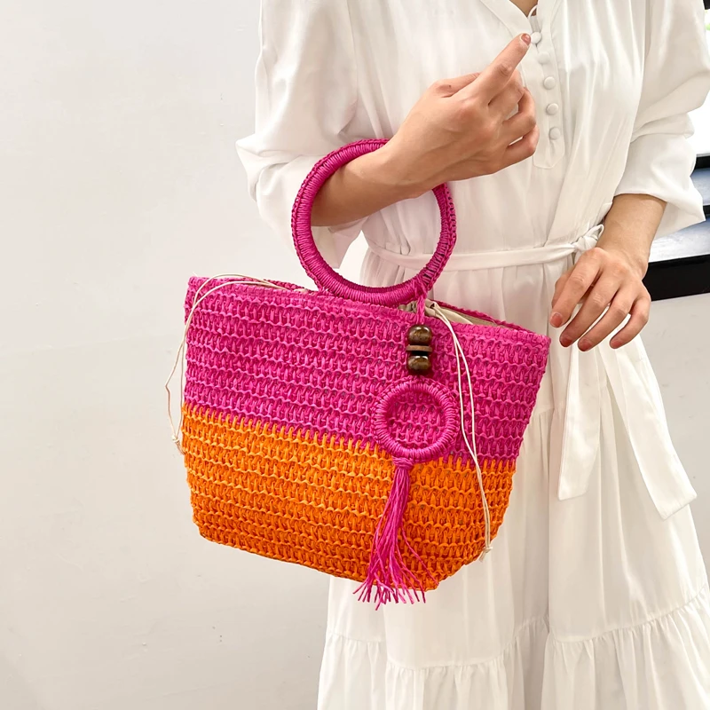 Straw Woven Handbag Summer Women Beach Bag Tote Vegetable Basket Style Straw Bag Satchel Bohemian Female Rattan Weave Clutch Bag