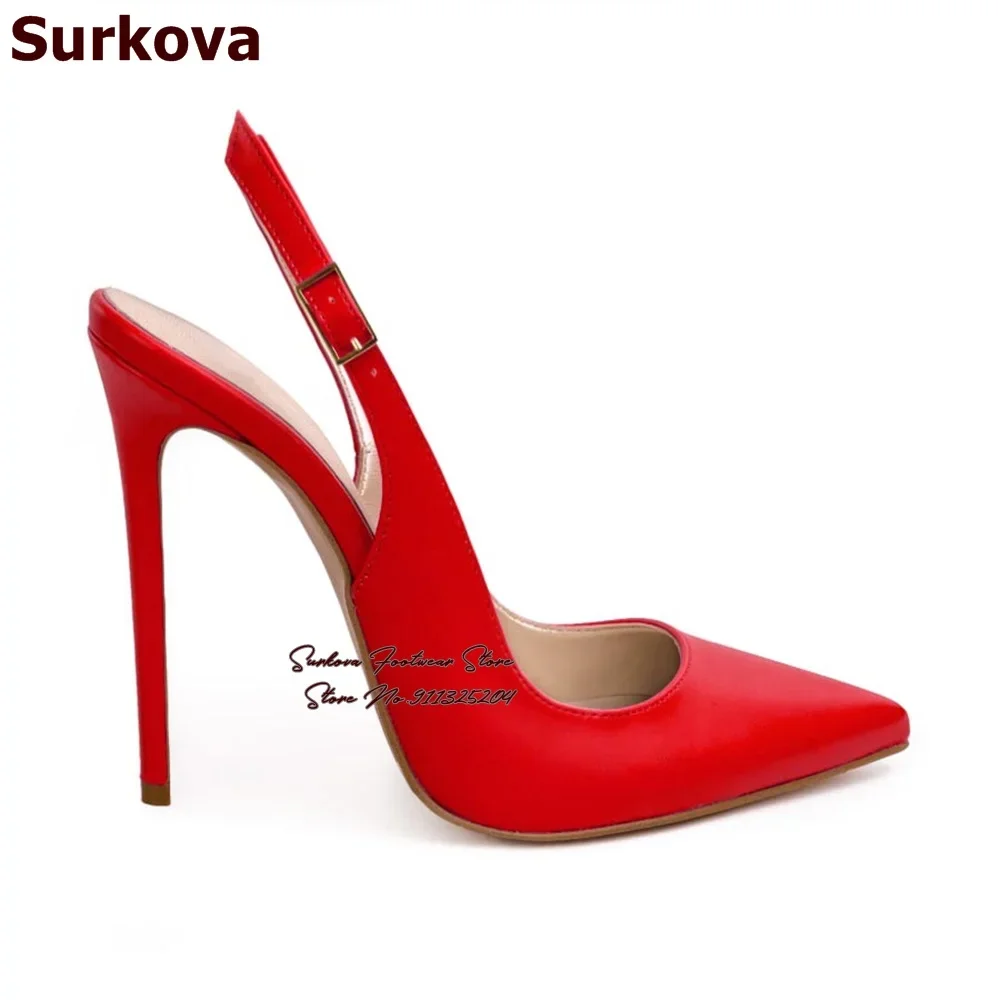 Surkova Turquoise Matte Leather Slingback High Heel Shoes Pointed Toe Shallow Cut Dress Pumps Buckle Strap 12cm 10cm 8cm Heels