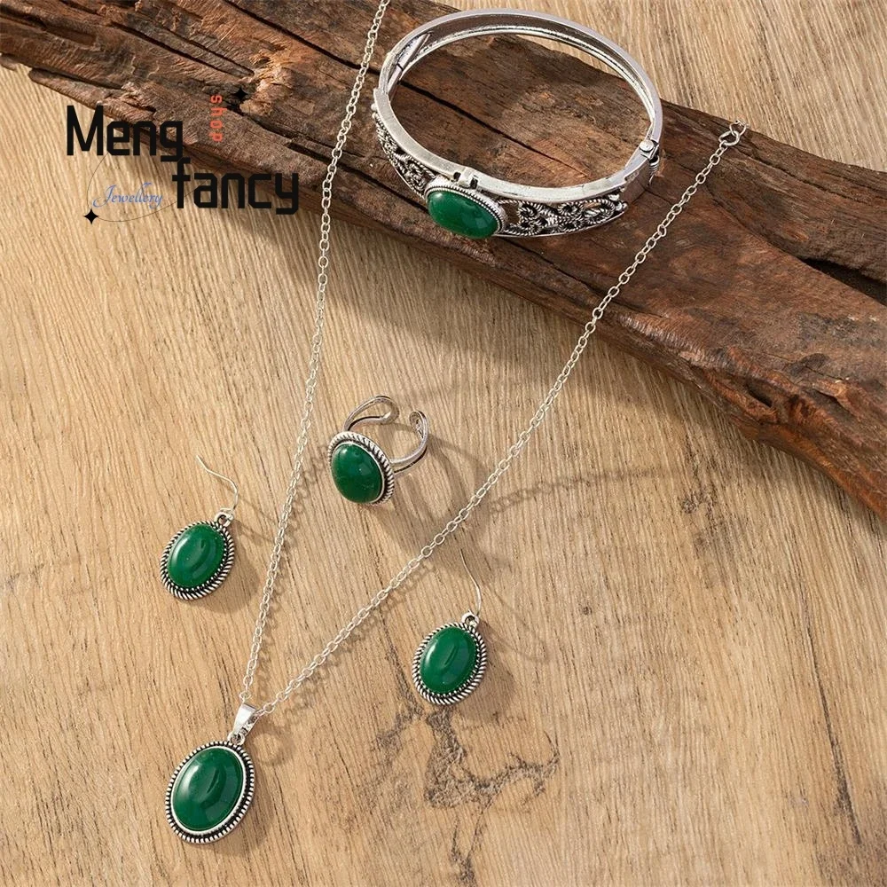 Cross-border Europe and the United States Luxury Four-piece Natural Stone Emerald Necklace Earrings Ring Bracelet Fine Jewellery