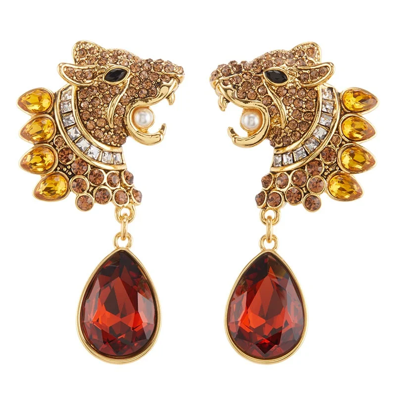 

eopard Head Earrings with Zirconia Stones Vintage Animal Shape Earrings Ruby Dangle Earrings 18K Real Gold Plated 925 Silver Pin