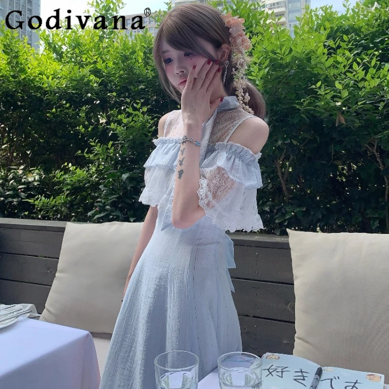 

Gentle Sweet Clear Style Girls Dress Summer Blue Color Princess Sweet Cute Dress Women's Lace Street Wear Lolita Dress