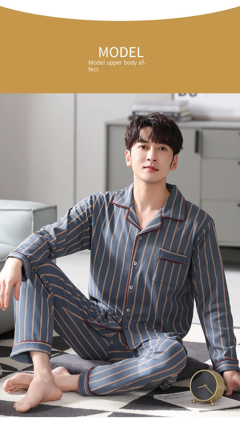 Frühling Herren Herbst und Winter langärmelige lange Hosen mittleren Alters dünner Abschnitt von Pyjamas Nachtwäsche Homewear Anzug Loungewear – Detail 12