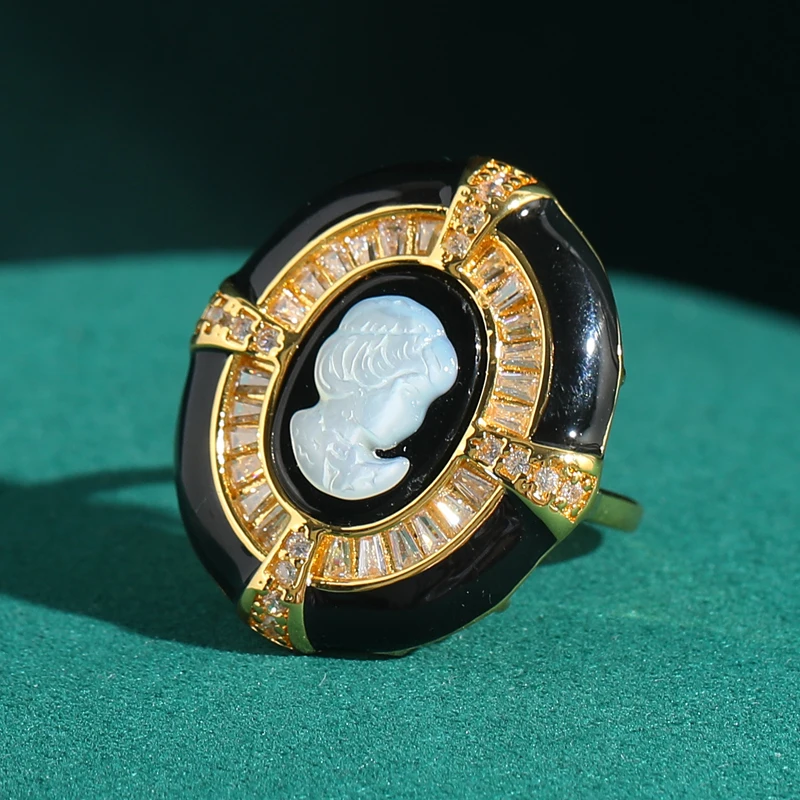 

Zircon Gold Color Enamel Oval Black Rings For Woman Relief Beauty Portrait Vintage Jewelry Luxury Designer Valentine Day Gift