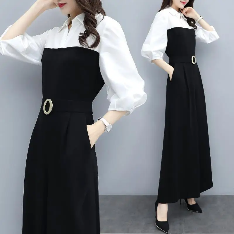 Jumpsuit gaya Korea wanita, jumpsuit kerah POLO kasual longgar kaki lebar elegan musim panas