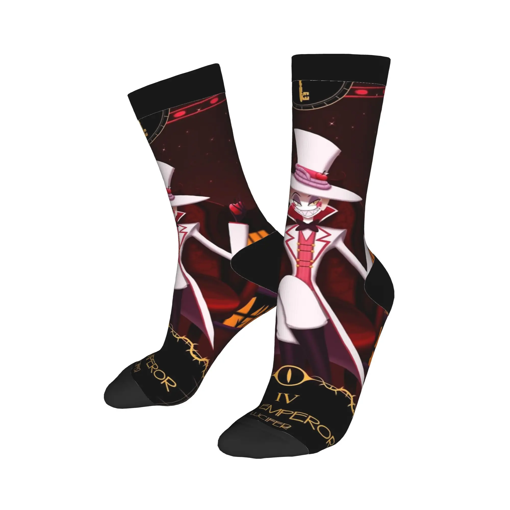 Crazy Design Hazbins Hotels Lucifer Alastor Meias de basquete Meias de poliéster para mulheres e homens respiráveis