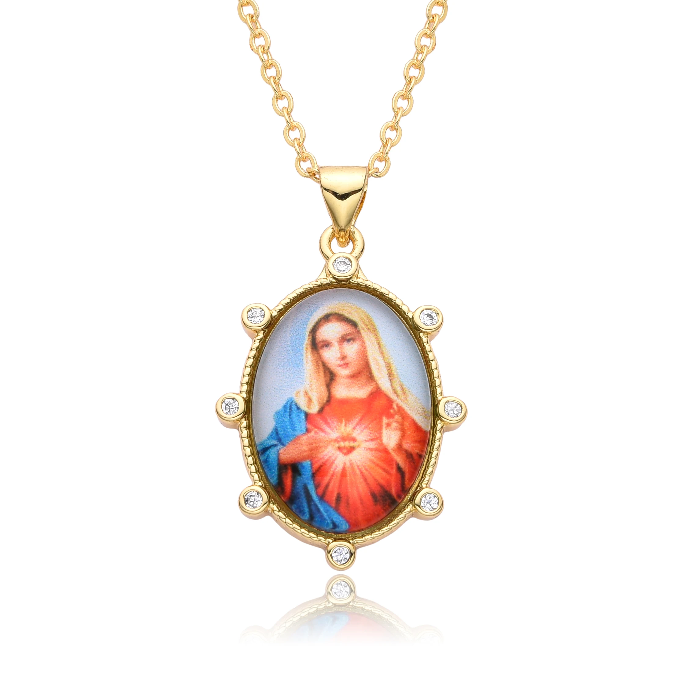 Cor Dourada Oval Bebê Jesus Virgem Maria Encantos, Cubic Zirconia Colorido, Colar Guadalupe para Mulheres, Gargantilha Pingente, Jóias DIY