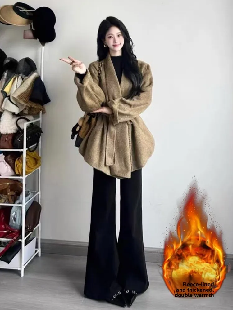 

plus Size High Waist Fleece Lined Micro Flared Jeans Women's Autumn Winter Straight Leg Hoof Pants Clean Fit Style