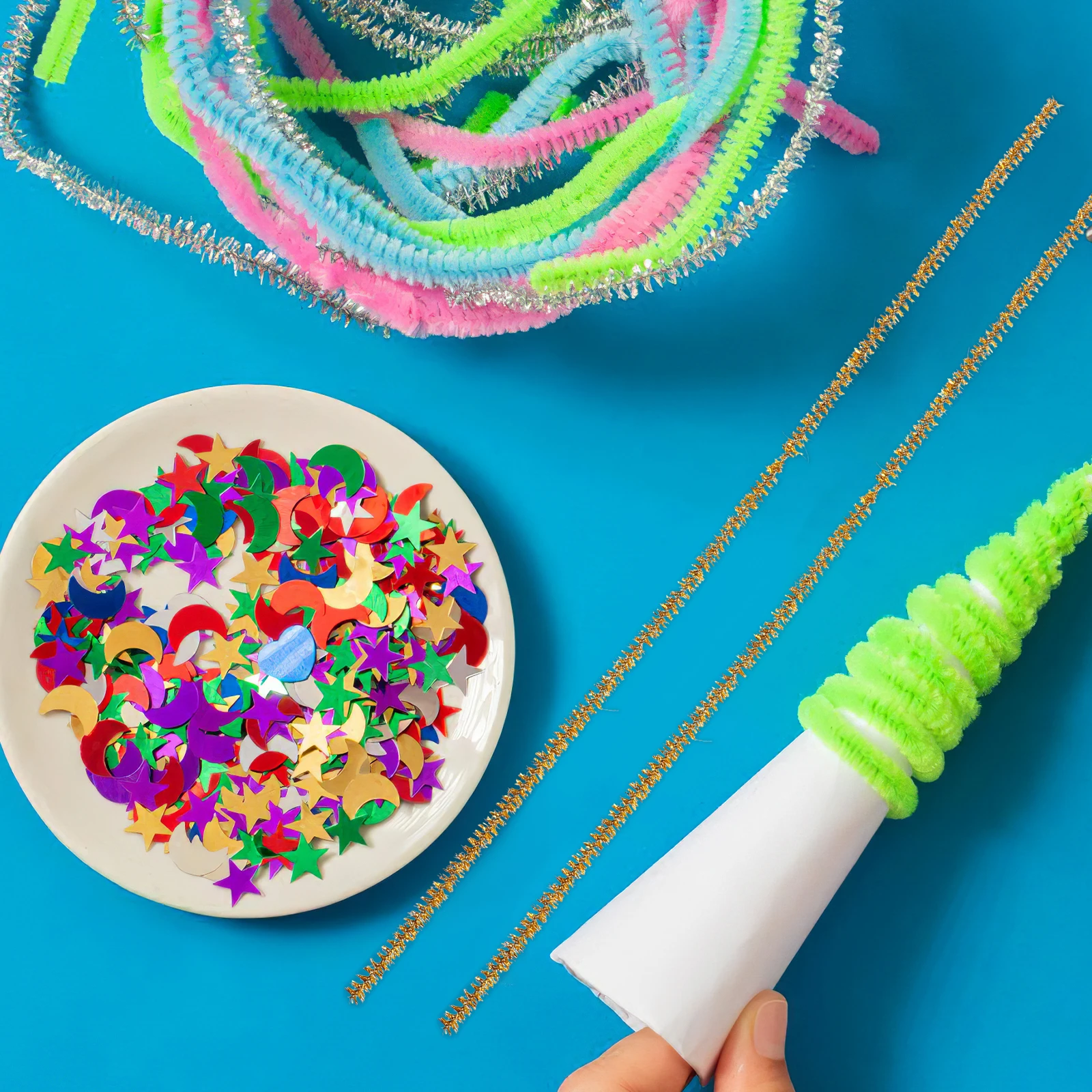 100 Uds. Limpiadores de tuberías artesanales tallos de chenilla para niños manualidades Diy jardín de infantes actividades entre padres e hijos brillantes