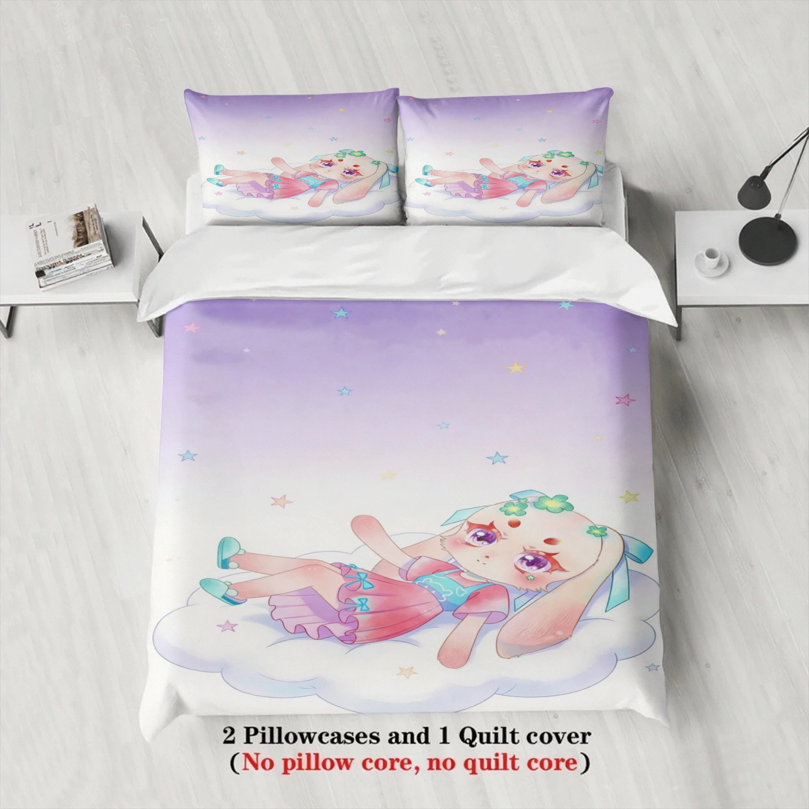 Softville Cozy Town 3PCS Bedding Sets Lop Rabbit Stretched Lying In Cloud Pinted Duvet Cover No filling Cartoon Style Queen Size