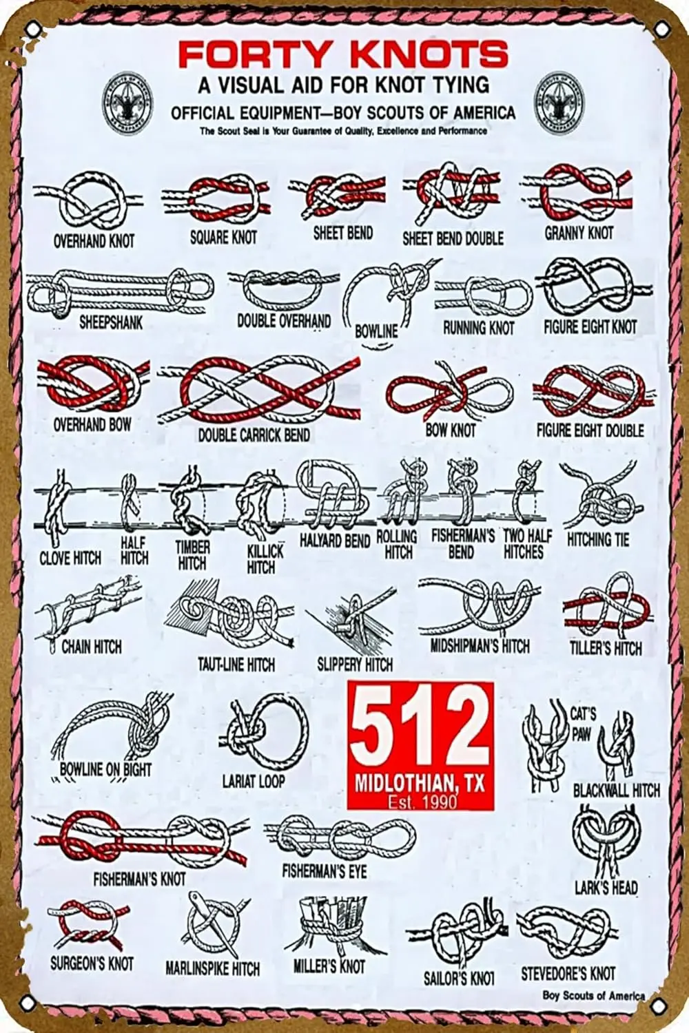 Forty Knots A Visual aid for Knot Tying Boy Scouts Chart Retro Plaque Metal Tin Sign Vintage Poster for Home Bar Coffee Wall Dec