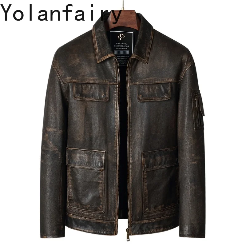 

YOLANFAIRY Quality Real Goatskin Leather Jackets Man Spring Autumn Short High-end Vintage Leather Jacket Motorcycle Brown Coat