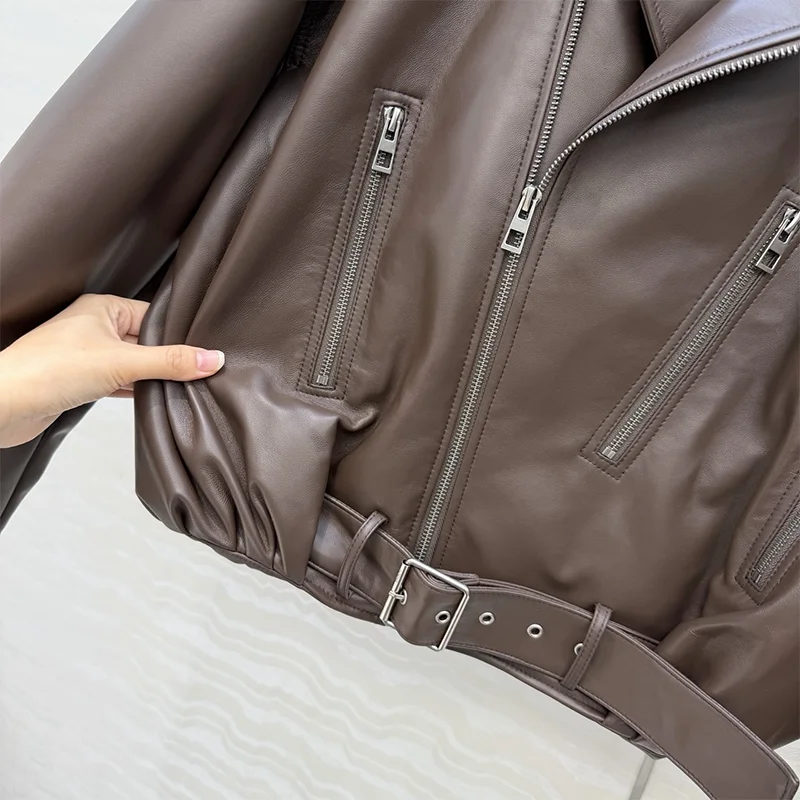 High quality motorcycle leather jacket short coat is stylish and fashionable 2025 new female clothes luxury 251228104