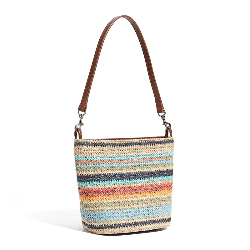 

Straw Women Shoulder Bag Summer Rainbow Stripe Large Capacity Tote Bag Fashion Versatile Commuter Crossbody Bags Bucket Bags