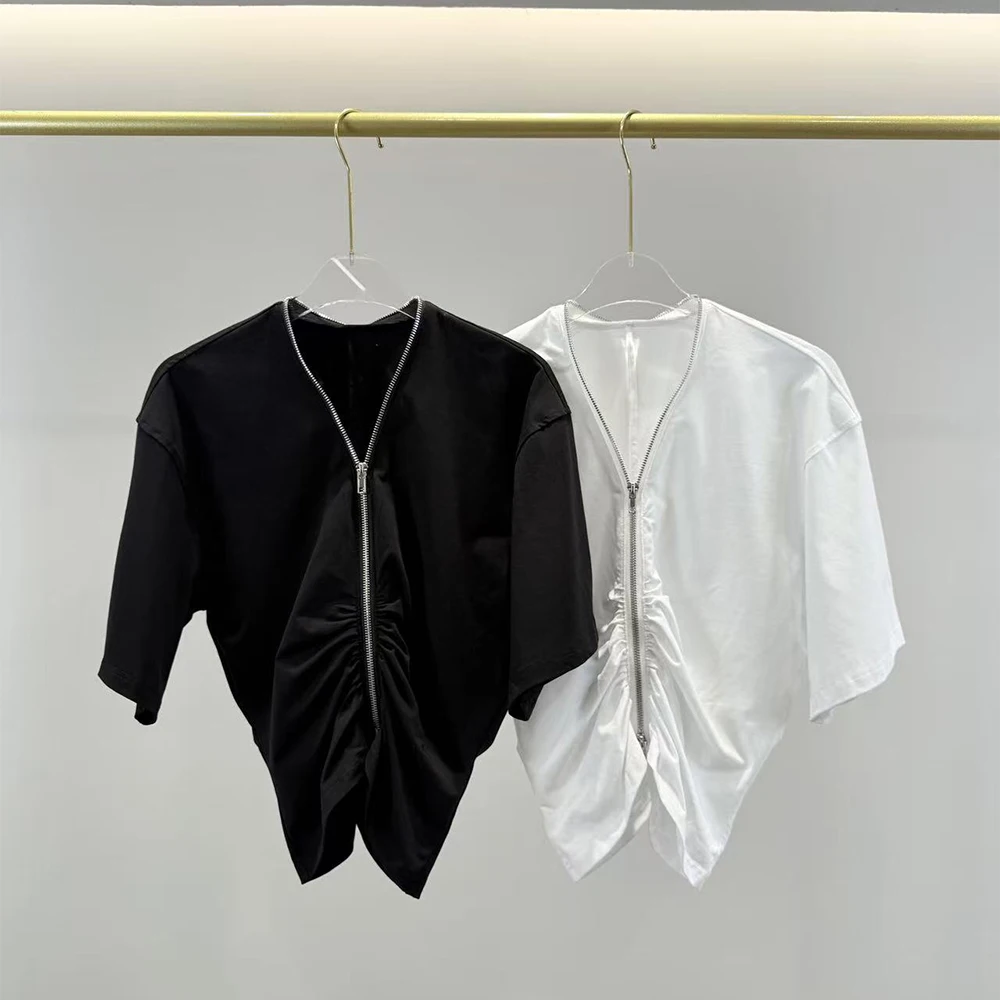 

Летняя женская футболка 2026 с молнией, рюшами и коротким рукавом, асимметричный подол, укороченный топ, повседневный облегающий уличный стиль