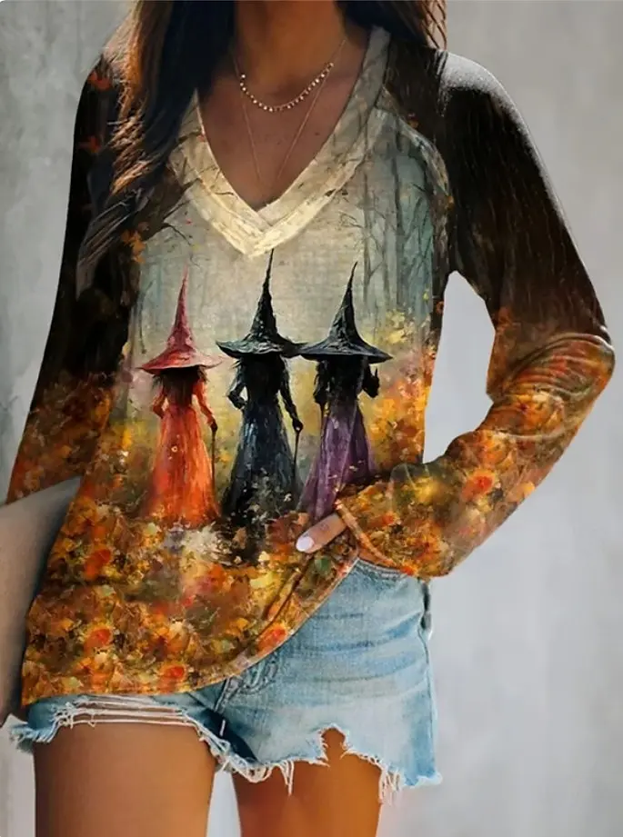 เสื้อยืดผู้หญิงลายกราฟิกแม่มดสไตล์วินเทจหรูหราสำหรับฮาโลวีนปี 2025 เสื้อยืดแขนยาวคอวีทรงปกติเสื้อลำลองสวมหัว