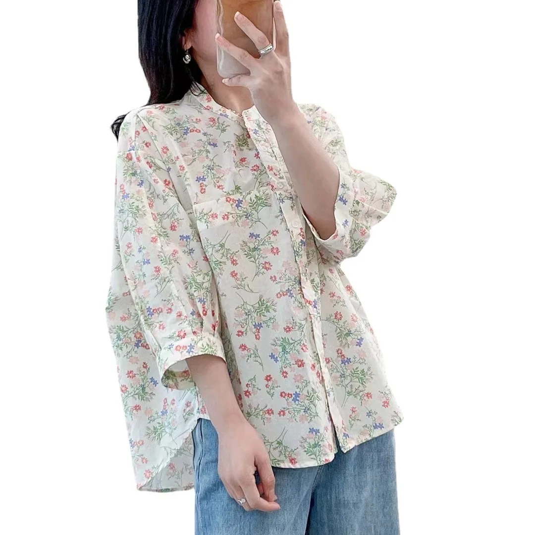 New Spring Cotton Sweet Shirts Women 3/4 Sleeve Floral Printed Tops Girl Casual Loose Elegant Blouses 2024 Summer T44391QM