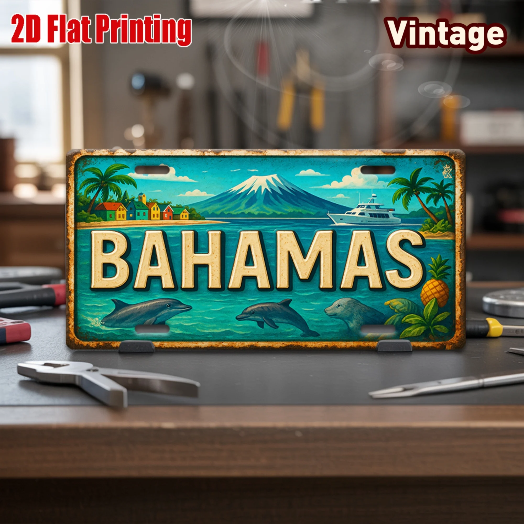 2D Flat,1pc Bahamas Coastal Cruise Scene Metal Sign, for Decorationg Only, Vintage Aluminum Sign, Perfect for Summer Lounge