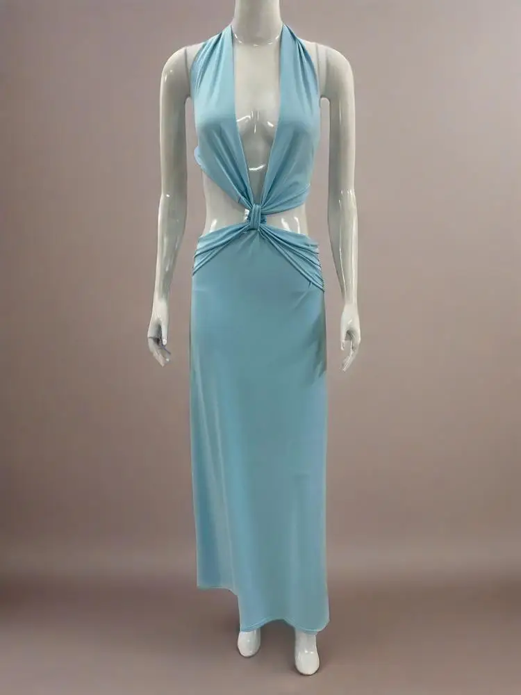 Seksowna, jednolita, z głębokim dekoltem w kształcie litery V, z wycięciami, wiązana na szyi, z wiązaniem na plecach, długa sukienka bez pleców na lato 2025, odzież damska.