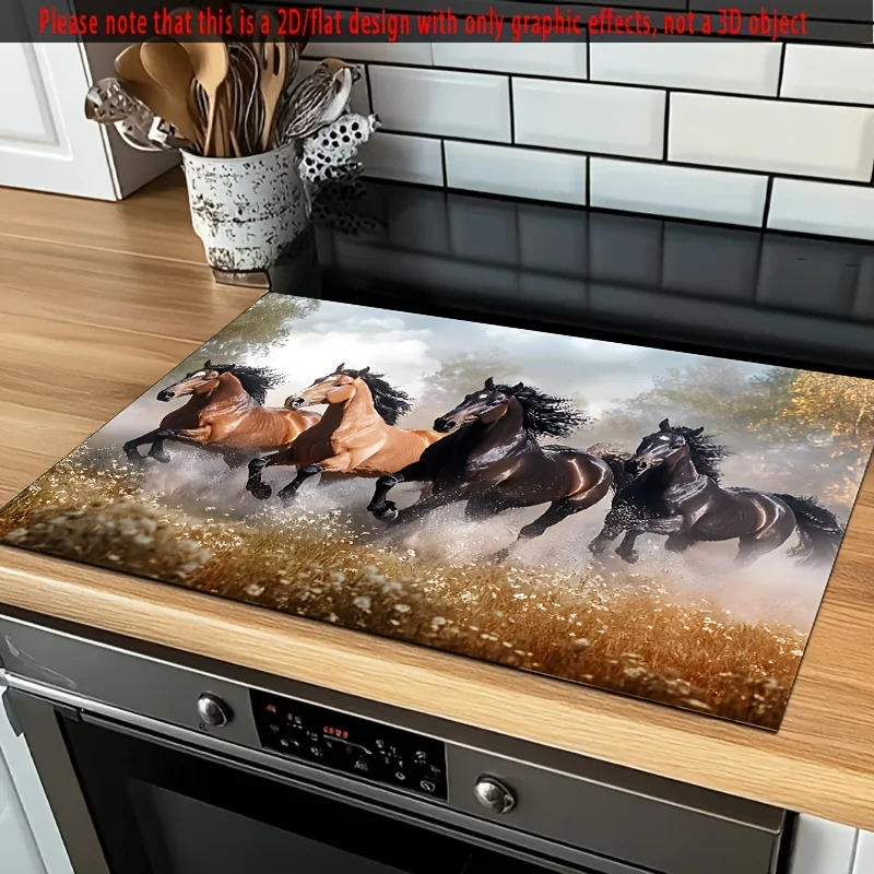 

Four Running Horses Stove Pad, Misty Wild Field Waterproof Anti-scratch Mat for Household Kitchen Gas & Electric Stove Decor