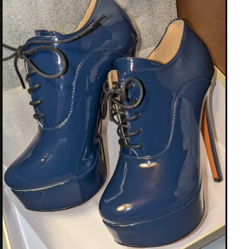 Onlymaker Women Black Platform Ankle Boots High Heels Lace Up Patent Leather Stiletto Sexy Lady Fashion Booties image 3