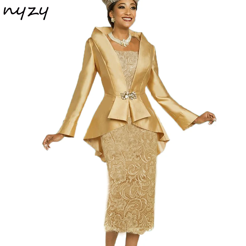 Vestido de Madrina de 2 Piezas Personalizado NYZY con Chaqueta, Mangas Largas, Dorado, para Invitadas de Boda, Encaje, Traje para Iglesia 2026