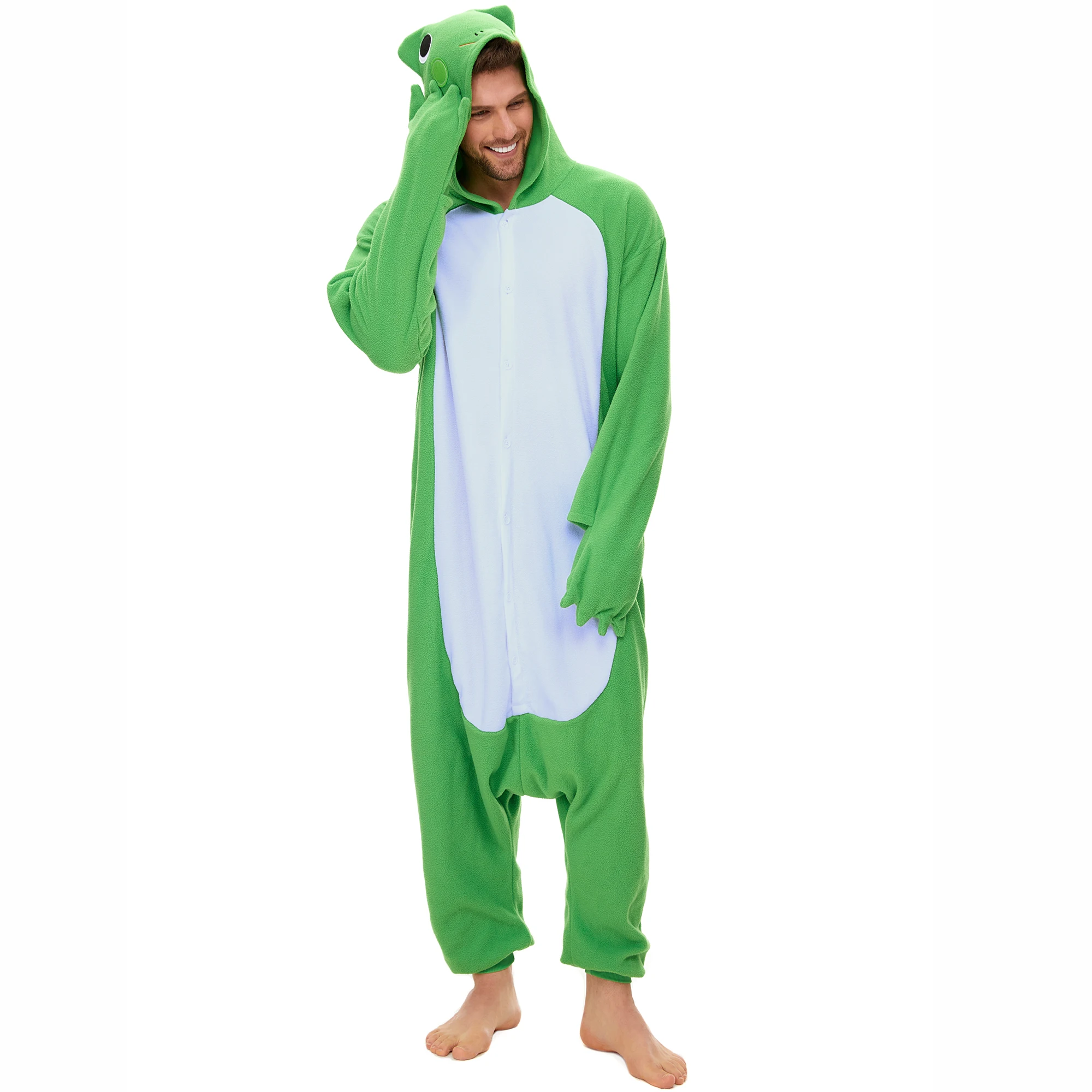 CANASOUR Frog Costumes Adults Men One Piece Winter Hooded Pajamas Halloween Christmas Animal Cosplay Onesie Jumpsuit Sleepwear