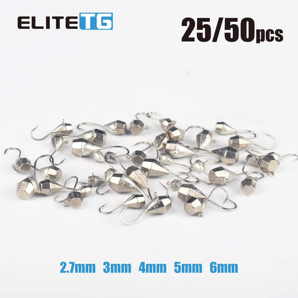 Elite TG 25/50pcs Diamond Ice Jigs 2.7mm~6mm Faceted Ice Jig Head Soft Lure Perch Crappie Bream Winter Fishing Hook