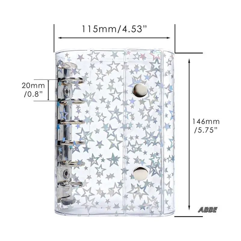 2X A7 Budget Binder Cover Clear PVC 6 Ring Binder Glitter Star Refillable Notebook Shell Protector With 2 Snaps