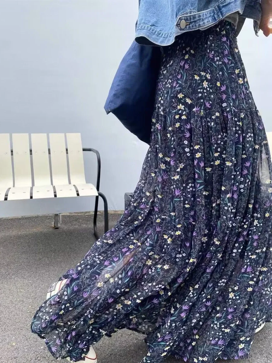 

Plus Size plus Size Women's High Waist Loose A-Line Skirt Floral Print Chiffon Summer Long Skirt Casual Korean Sle ape