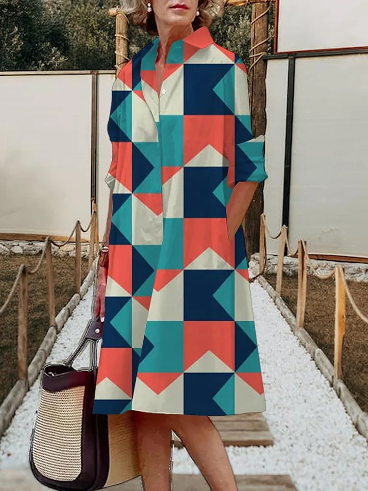 Colorful Striped Print Women's Shirt Dress Holiday Party Fashion Lapel Dress Street Everyday Casual Women's Front Button Dress