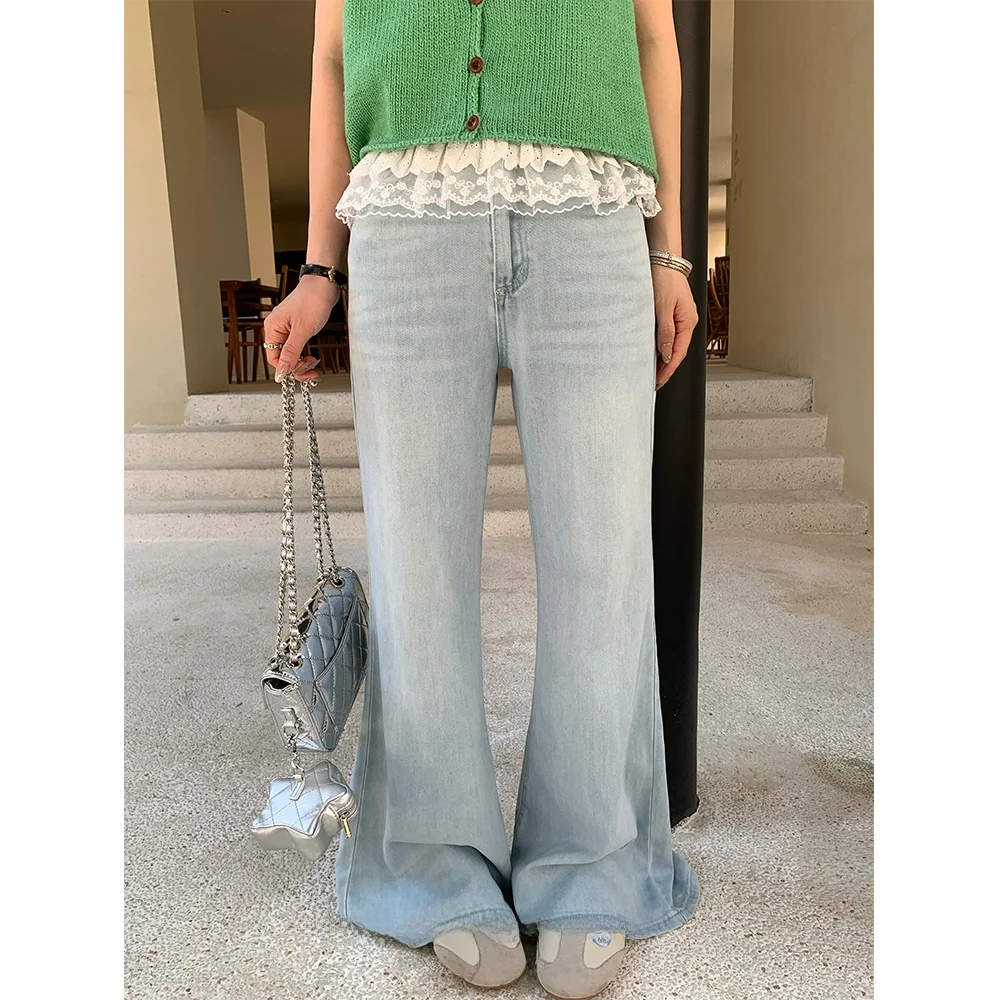 

PiJiUu Floor-Length Light Blue Denim Jeans Women's Summer Faion Long Trousers Casual Comfortable High Waist Jeans