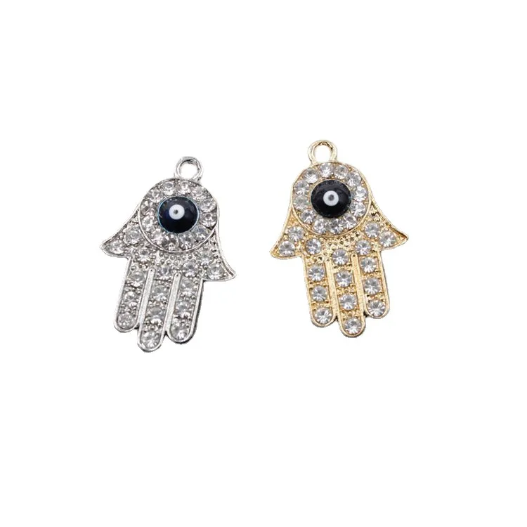 4 Pieces/Lot 21*31mm Hamsa Charms Beautiful Religious Gold Color Enamel Crystal Evil Eye Hand Pendant For Jewelry Making