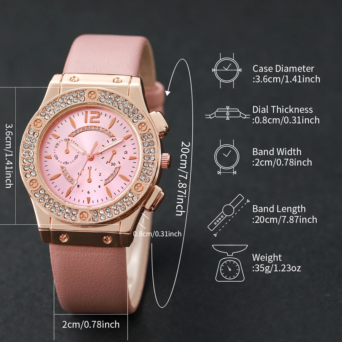 6PCS/Set Fashion Rhinestone Women\'s Watch Leather Band Analog Quartz Watches Heart Jewelry Set(Without Box)
