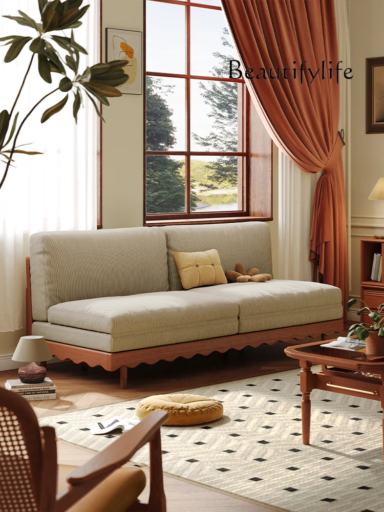 

French Retro Solid Wood Sofa Mid-Ancient Fabric Small Apartment Retractable Dual-Use 3-Seat Sofa