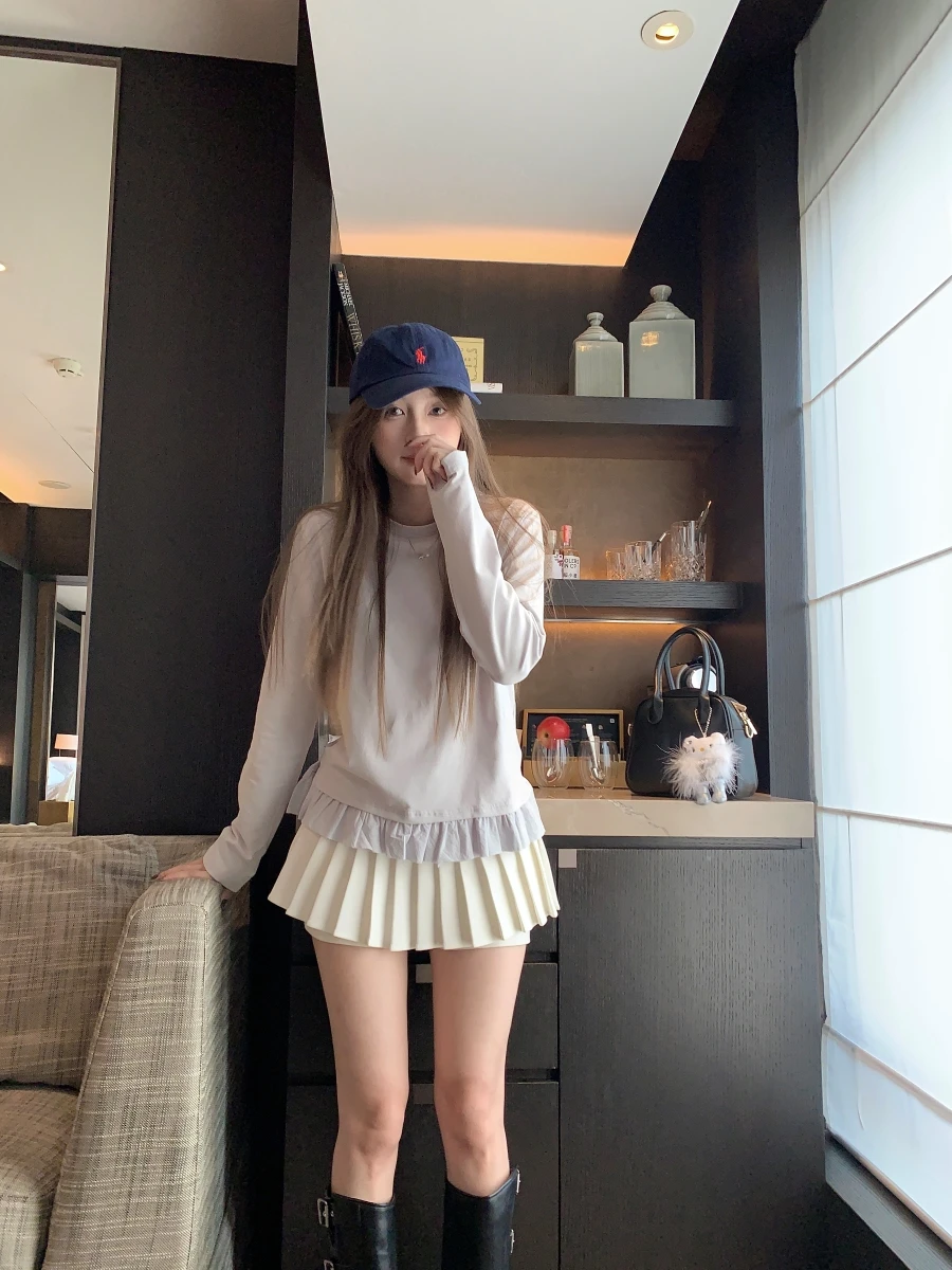 Kumikumi Casual Sweet Girl Sle New Long sleeve round Neck Frill T-shirt Women Autumn Light Gray Loose Top