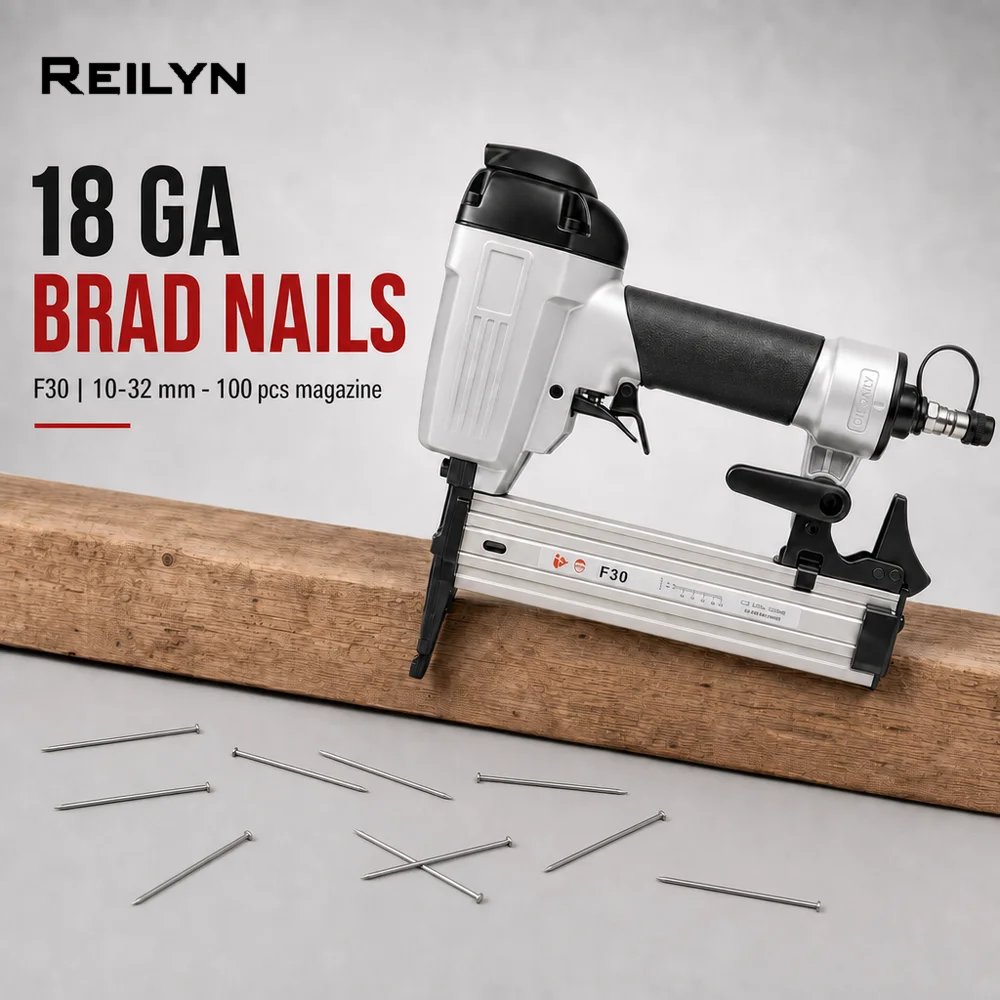 Reilyn 18Ga Air Upholstery Stapler F30 Pneumatic Framing Nailer Accept 10-30mm Brad Nails for Furniture Sheath Woodworking Tools