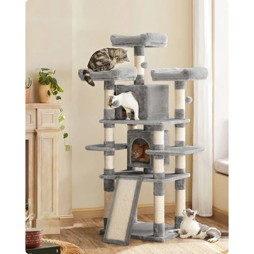 

67-Inch Multi-Level Cat Tree for Large Cats with Cozy Perches Stable 3 Large Platforms 2 Caves 1 Basket and 3 Fur Balls