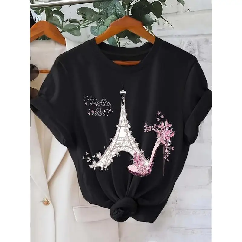 

Paris Eiffel Tower Graphic T-Shirt Women's Fashion High Heel Butterfly Tees French Style Vacation Holiday Top