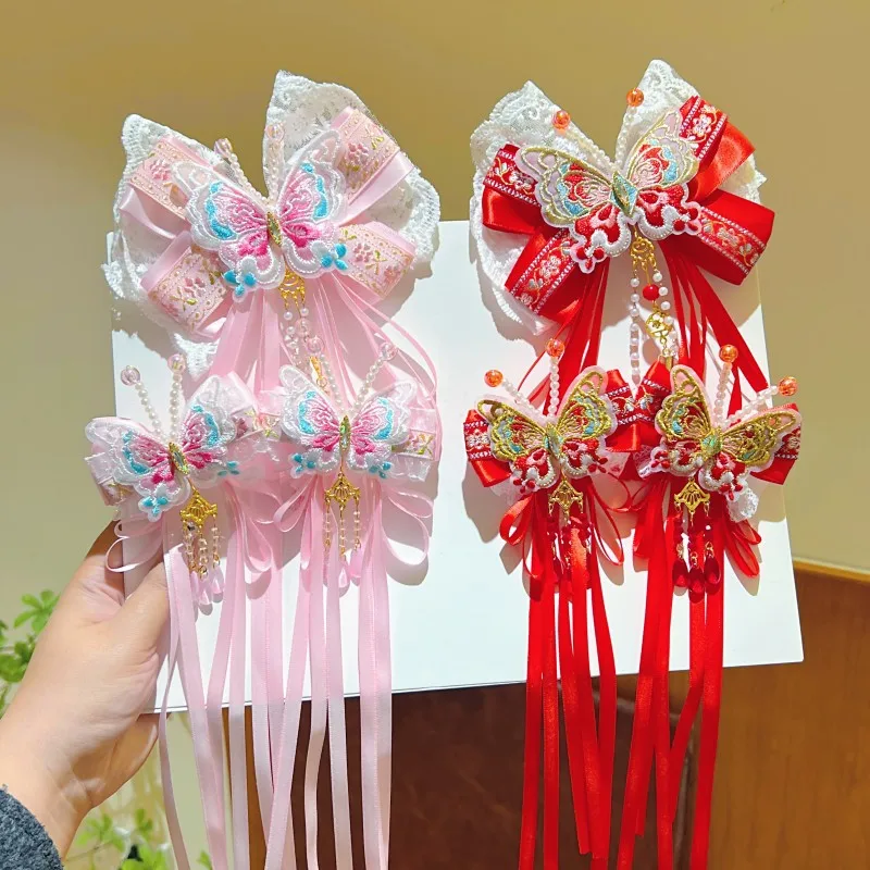 

Набор аксессуаров для волос с вышивкой бабочкой в китайском стиле, розовые/красные кружевные банты с кисточками, элегантные заколки для волос для одежды Лолиты