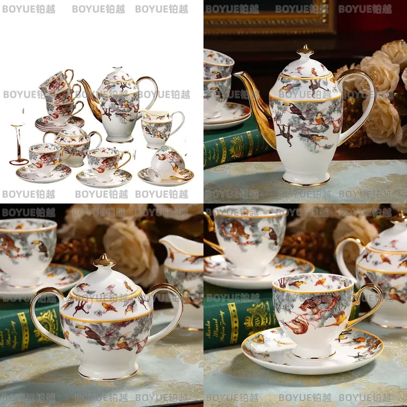 Luxury Bone China Coffee Set Equatorial Jungle Style Teapot Cup European Home Gift Elegant Tableware for Daily Use