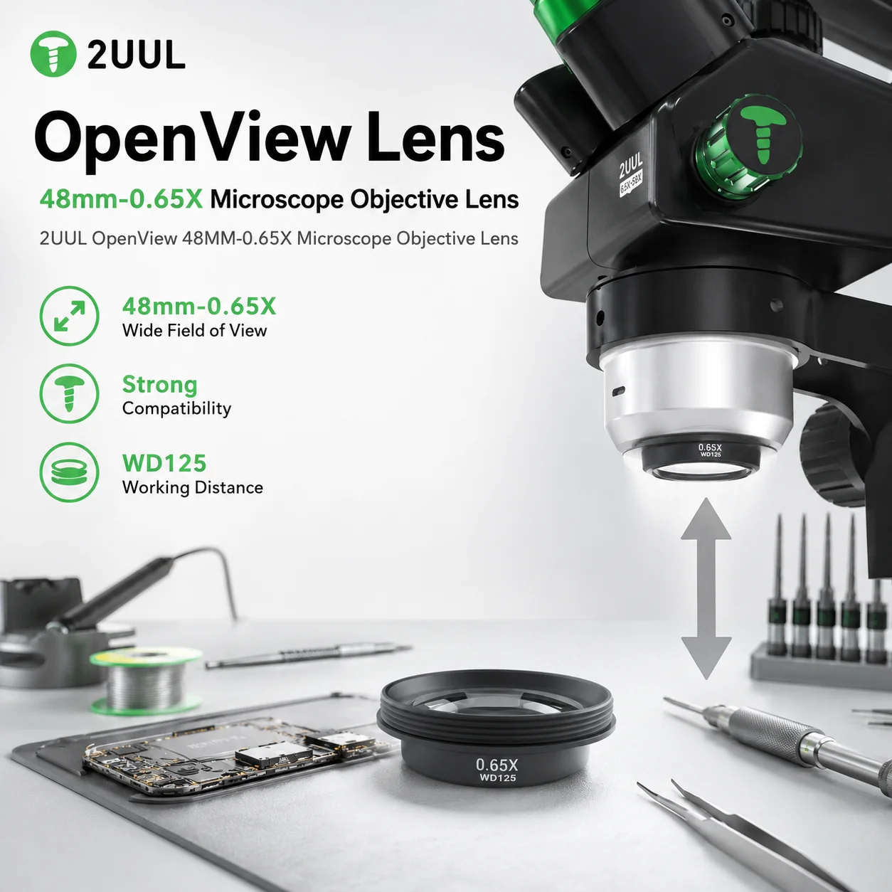 2UUL MS06 OpenView 48mm-0.65X Microscope Objective Lens WD125 for Stereo Zoom Barlow Camera Glass Lens Tools