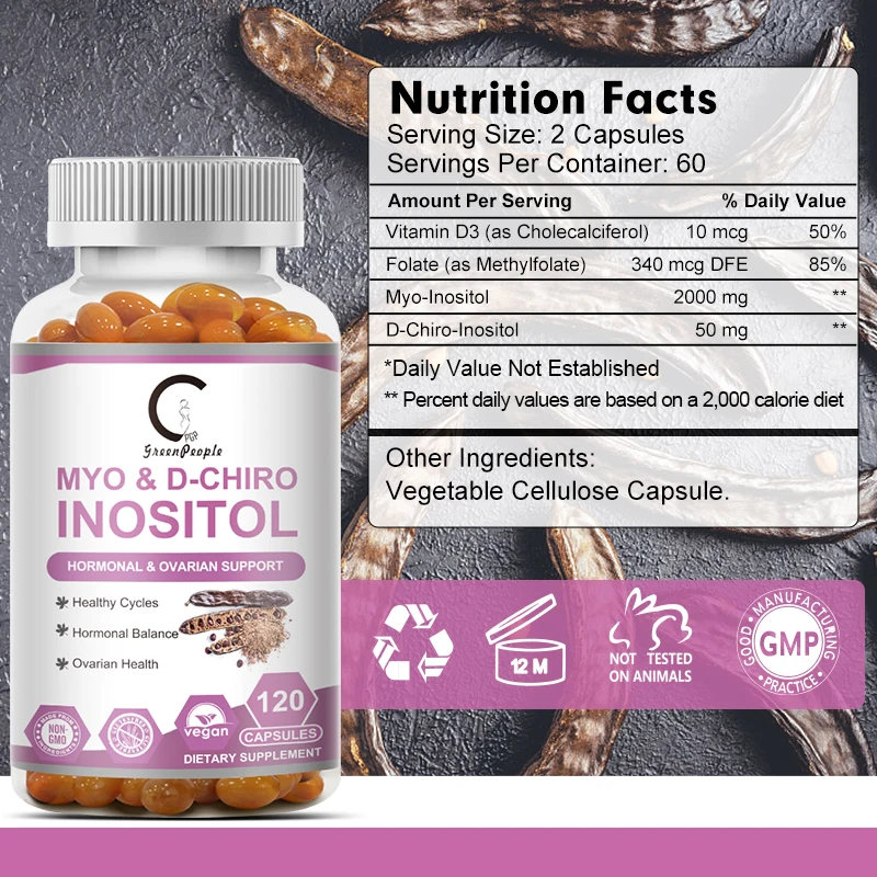 120p Myo-Inositol&D-Chiro Inositol Capsule with Folate Supports Ovarian Function,Hormone Balance,Fertility Supplements for Women