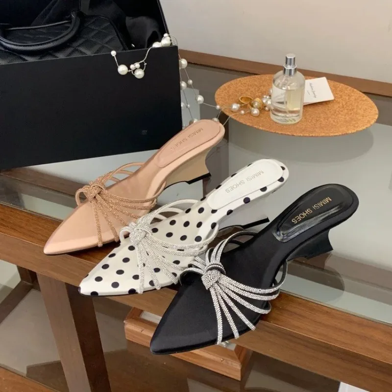 

Pointed Toe High Heels Women Dot Sandals 2026 Summer Singbacks Mules Shoes Elegant Butterfly-knot Stripper Party Sandalias