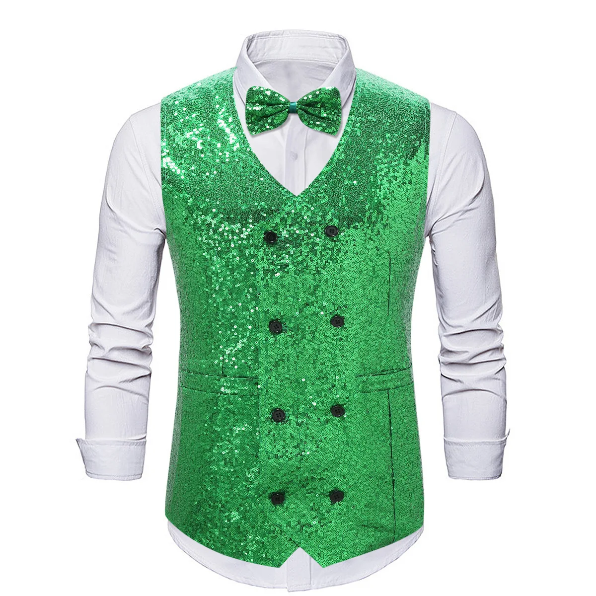 #4808 Gold Silver Black Green Red Sequined Blazer Vest Men Double Breasted Streetwear Dance Outerwear V-neck Men's Vest Spring