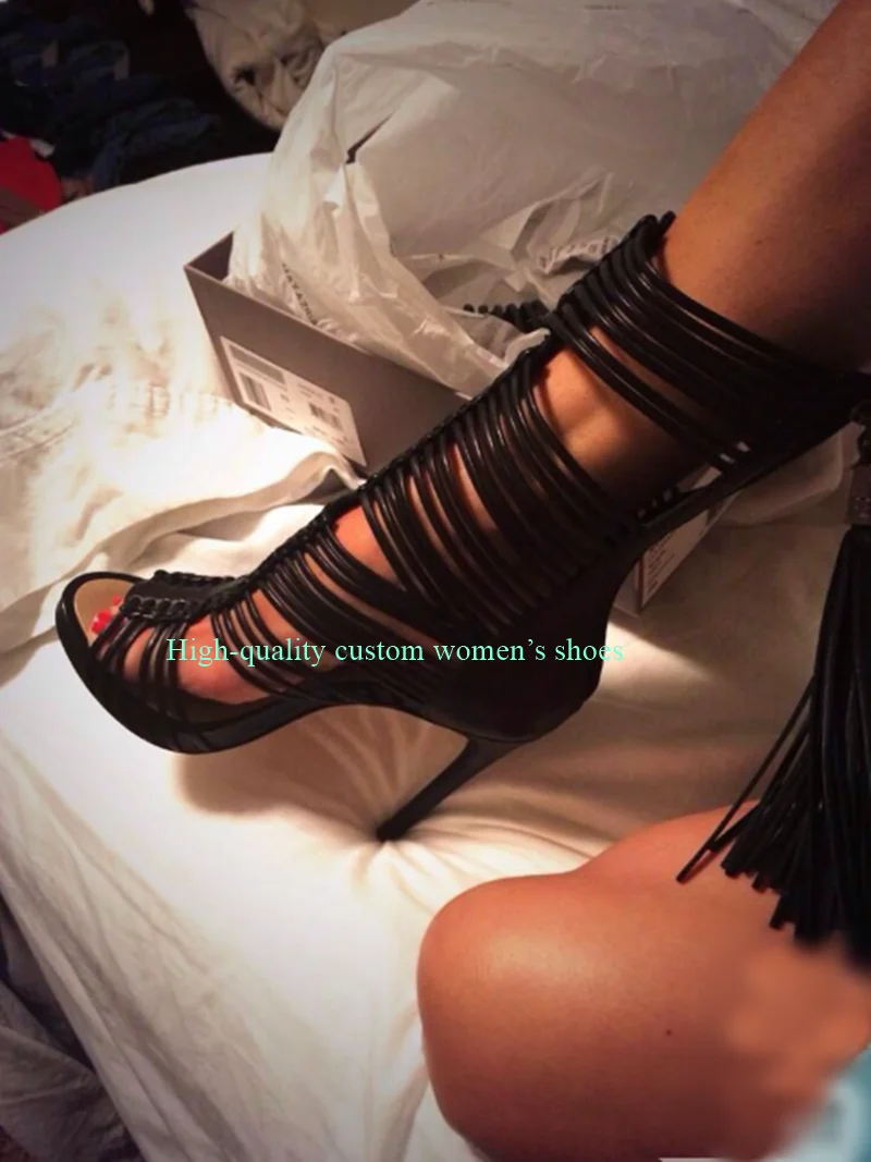 

Pointed Thin Strap Combination Hollow Out Women's Ankle Boots Heels Tassel Pendant Luxury High Heels Bestselling Model