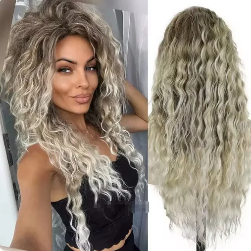 Long Wavy Synthetic Sexy Wigs for Women Role Play Ash Blonde Curly Layered Wigs 80s Halloween Carnival Party Wig Heat Resistant